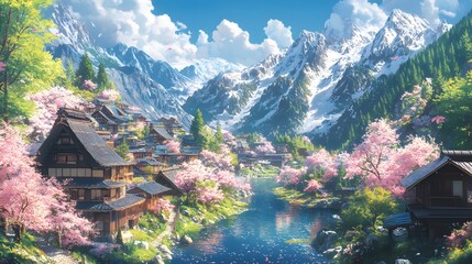 Naklejka premium Serene landscape of traditional homes amidst cherry blossoms and mountains.