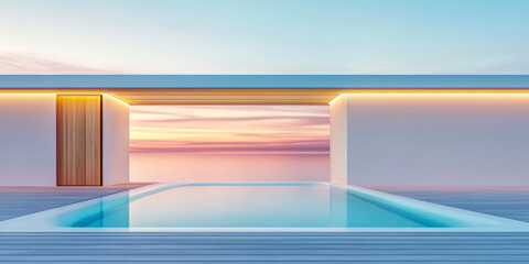 Fototapeta premium Modern poolside view with serene sunset over calm waters at a coastal location
