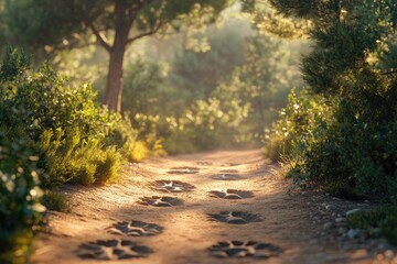 Naklejka premium A serene forest path with visible animal tracks in the soft earth, illuminated by gentle light.