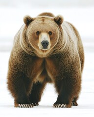 Obraz premium A close-up of a grizzly bear standing on snow, showcasing its powerful build and features.