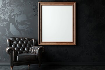 Sophisticated interior in dark room with armchair and wood frame.