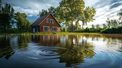 Obraz premium Charming wooden house reflecting in serene water under a dramatic sky.