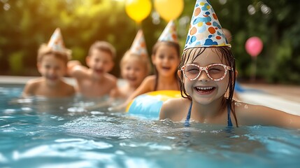 Happy children celebrate birthday pool party.