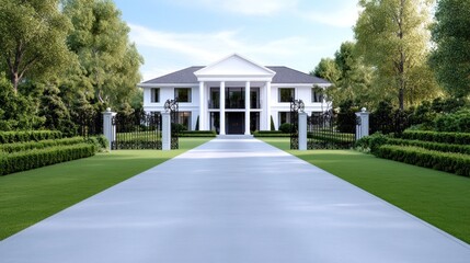 Fototapeta premium Elegant mansion with a landscaped pathway and greenery.