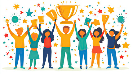 Achievement and Business Goal Success Concept - Creative business people with icon graphic interface showing employee reward giving for business success achievement.