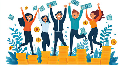 Achievement and Business Goal Success Concept - Creative business people with icon graphic interface showing employee reward giving for business success achievement.