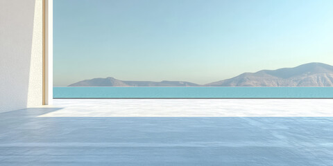 Fototapeta premium Stunning view of mountains and water from a modern architectural space during sunny daylight