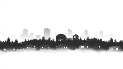 black and white foggy cityscape illustration with suburban houses in fog and misty skyline silhouette showcasing monochrome urban landscape from a distance with atmospheric perspective