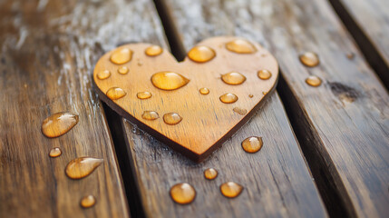 A wooden table with water droplets forming the shape of a heart, symbolizing love and care for home