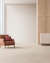 Fototapeta premium Modern living room with minimalist design featuring a brown armchair and large windows