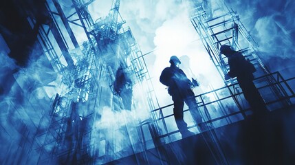 Engineers in Blue Toned Composite Working at Industrial Site