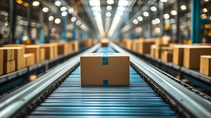 Cardboard box on conveyor belt in warehouse.