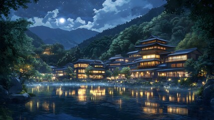 Obraz premium Scenic night view of traditional buildings by a tranquil river under the moonlight.