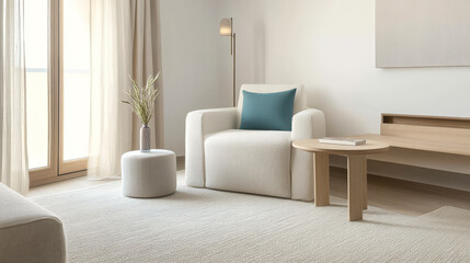 Fototapeta premium Cozy and modern living room with natural light and minimalistic decor