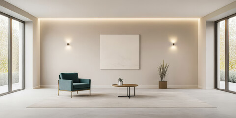 Fototapeta premium Modern minimalist interior with green chair and simple decor in well-lit space