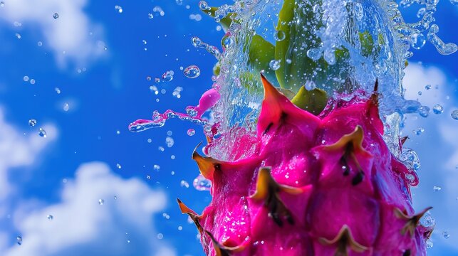 pitaya juice waterfall splash with delicate pitayas against bright blue sky in surreal style. Realistic and fresh fruit color display, ultra fine detail of pitayas