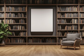 Modern office 3D render with blank frame, bookshelves, and cozy armchair.