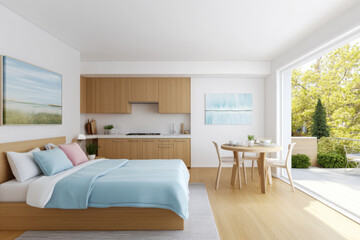Modern bedroom and kitchen area with natural light and serene outdoor view
