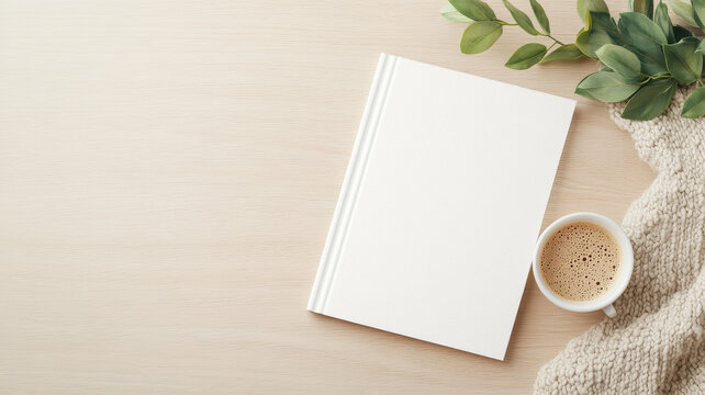 blank white book cover rests on cozy wooden table, accompanied by cup of coffee and greenery, creating serene atmosphere