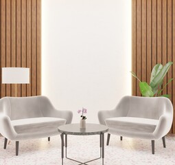 Minimalist wooden interior podcast studio design