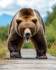 Fototapeta premium A fierce bear walking down a path, showcasing its powerful presence in nature.