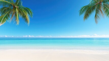 Serene beach view with palm trees and clear blue waters.