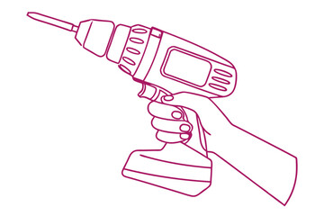 Obraz premium Minimalist Line Drawing of Hand Holding a Drill Vector Illustration for Tools & Construction