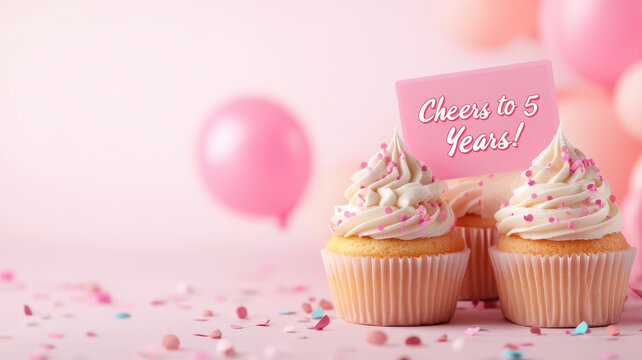 Celebration setup with cupcakes, balloons, and confetti for joyful 5 year milestone. Perfect for parties and special occasions