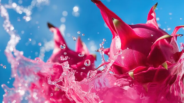 pitaya juice waterfall splash with delicate pitayas against bright blue sky in surreal style. Realistic and fresh fruit color display, ultra fine detail of pitayas