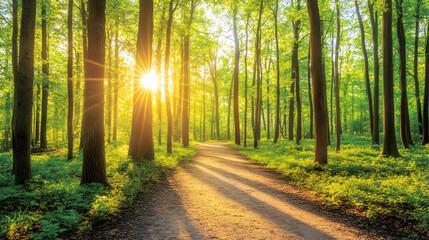 Obraz premium Serene sunlit path winding through a lush green forest at sunrise, dappled sunlight filters through the trees.