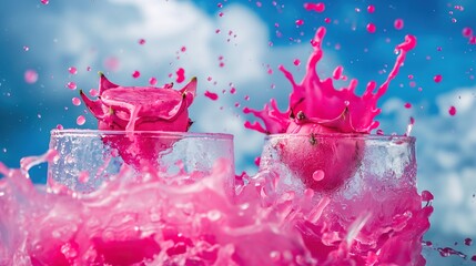pitaya juice waterfall splash with delicate pitayas against bright blue sky in surreal style. Realistic and fresh fruit color display, ultra fine detail of pitayas