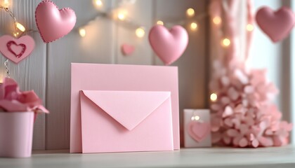 A delightful Valentines Day decoration template with a pink envelope, charming background, and a customizable banner for a romantic, heartfelt message