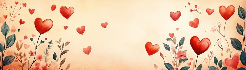 A gentle pastel orange background for Valentines Day, adorned with red and pink hearts, and cute decorative patterns to evoke love and joy