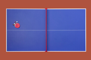 table tennis or ping pong table with racket and ball top view.