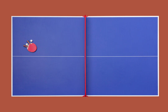 table tennis or ping pong table with racket and ball top view.