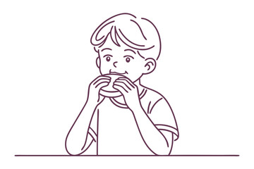 Cute Boy Eating Bread. Vector Illustration in Simple Line Style