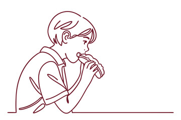 Cute Boy Eating Bread. Vector Illustration in Simple Line Style