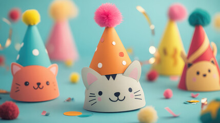 Obraz premium A group of cat hats are on a table with confetti