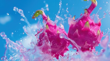 Obraz premium pitaya juice waterfall splash with delicate pitayas against bright blue sky in surreal style. Realistic and fresh fruit color display, ultra fine detail of pitayas