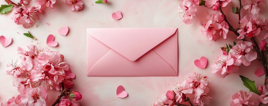 A romantic Valentines Day decoration with a pink envelope, floral accents, and a banner template for a personalized love note or greeting