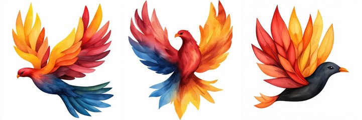 Fototapeta premium Chinese new year customs concept. Colorful bird illustrations with vibrant feathers in flight.