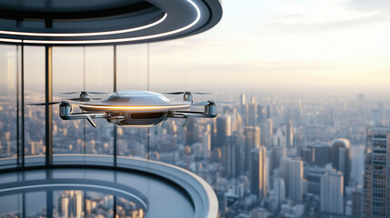 sleek drone hovers in modern urban setting, showcasing advanced technology