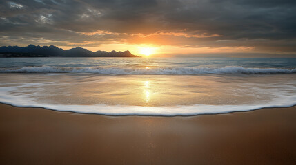 Fototapeta premium Stunning sunset over ocean with waves gently lapping shore