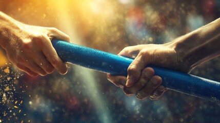 Athletes exchanging baton during a relay race in a stadium..