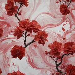 A surreal painting of red blossoms on a swirling pink and white abstract design.
