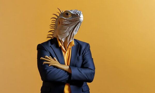 A person in a suit with a lizard head, set against a bright yellow background.
