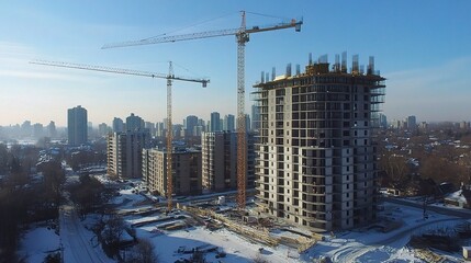 Naklejka premium Large Residential Buildings Under Construction With Cranes and Sky