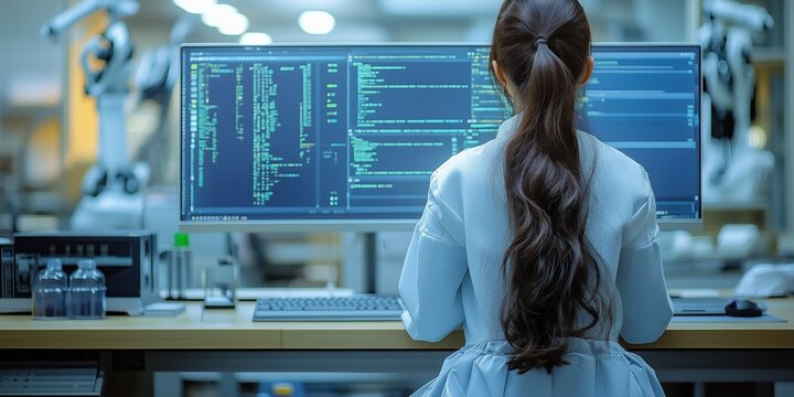 Programmer seated in a futuristic laboratory, immersed in writing code on a high-tech computer setup