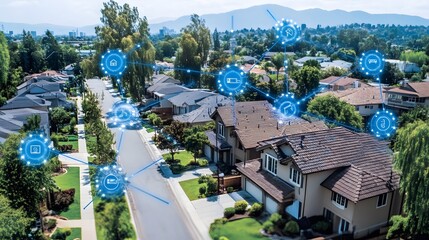 Aerial view of a suburban neighborhood with smart technology icons connecting homes.
