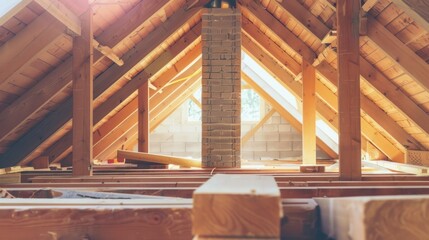 Sunlit attic under construction with wood beams and chimney.